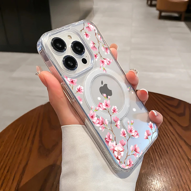 Phone Cases Magsafe - غطاء فاخر وردي اللون بتصميم الزهور