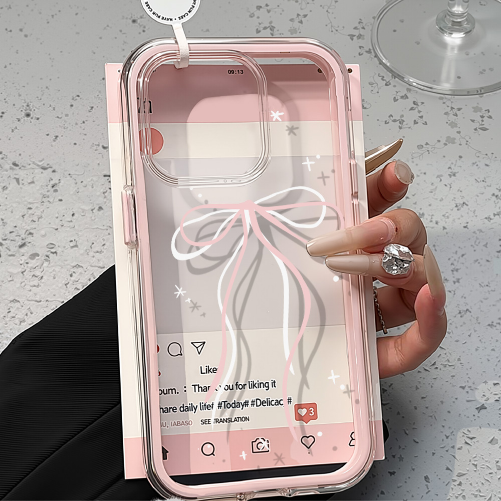 Phone Cases Transparent - غطاء شفاف بفيونكة وردية لهواتف آيفون